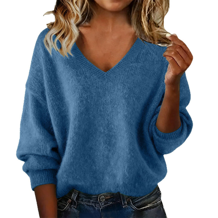 Damen V-Ausschnitt Pullover mit weichem Fluff-Material und oversized Schnitt Drune