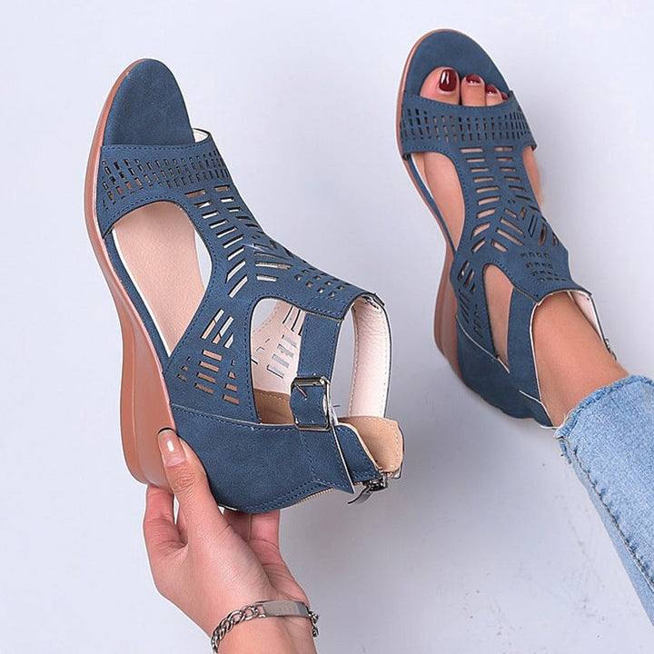Damen Keil-Sandalen mit modischem Lochdesign und verstellbarem Riemen Drune