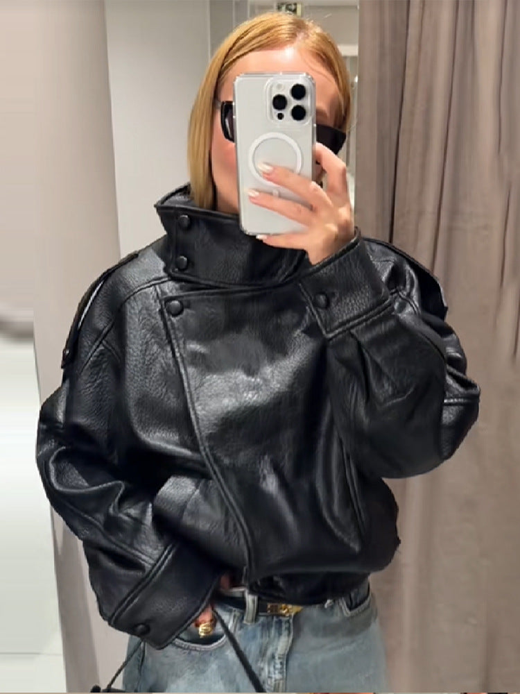 Damen elegante und voluminöse Lederjacke mit Stehkragen Drune
