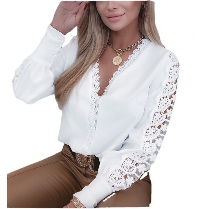 Damen elegante Bluse mit Spitzenärmel und tiefem V-Ausschnitt Drune