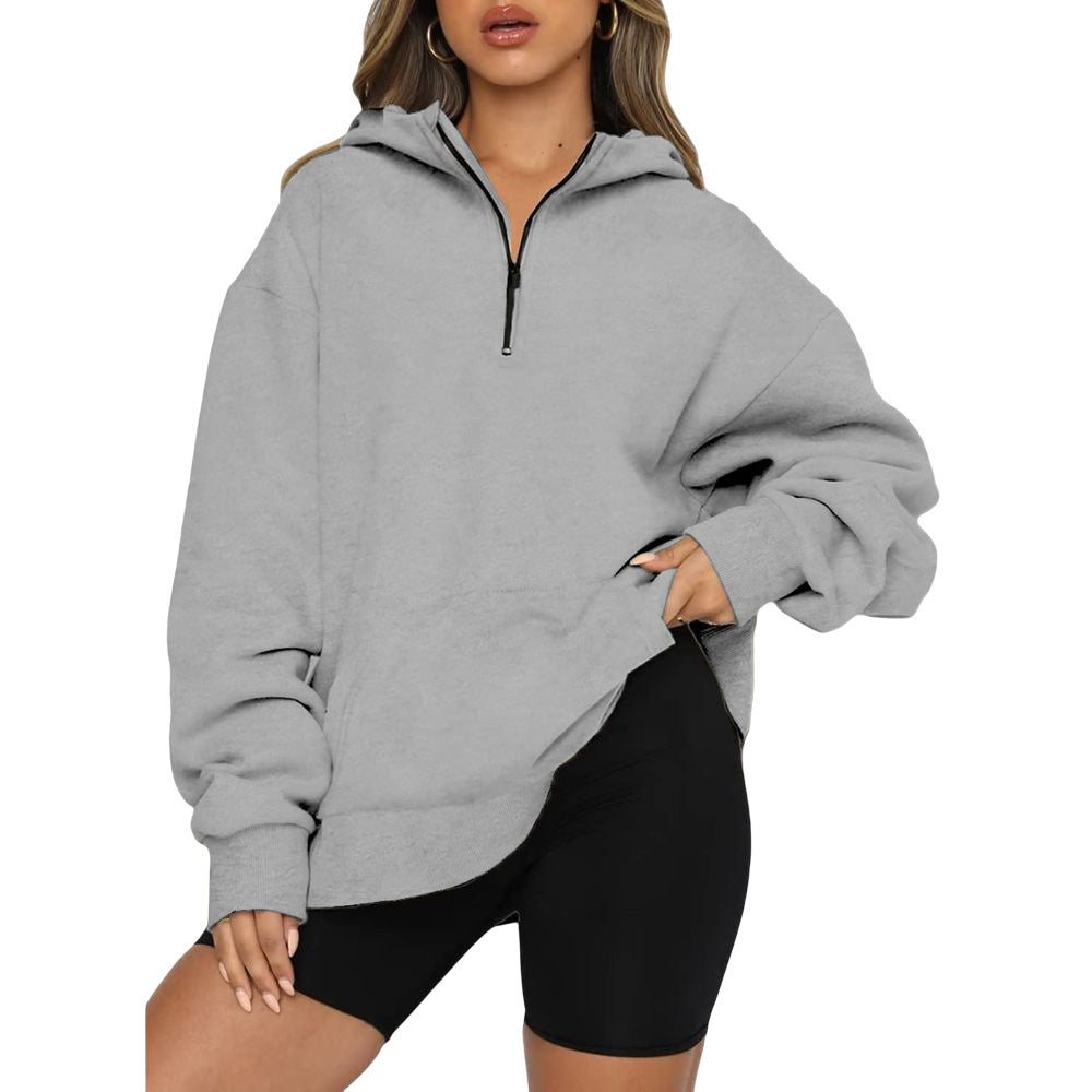 Damen Oversize Kapuzenpullover mit halbem Reißverschluss Drune