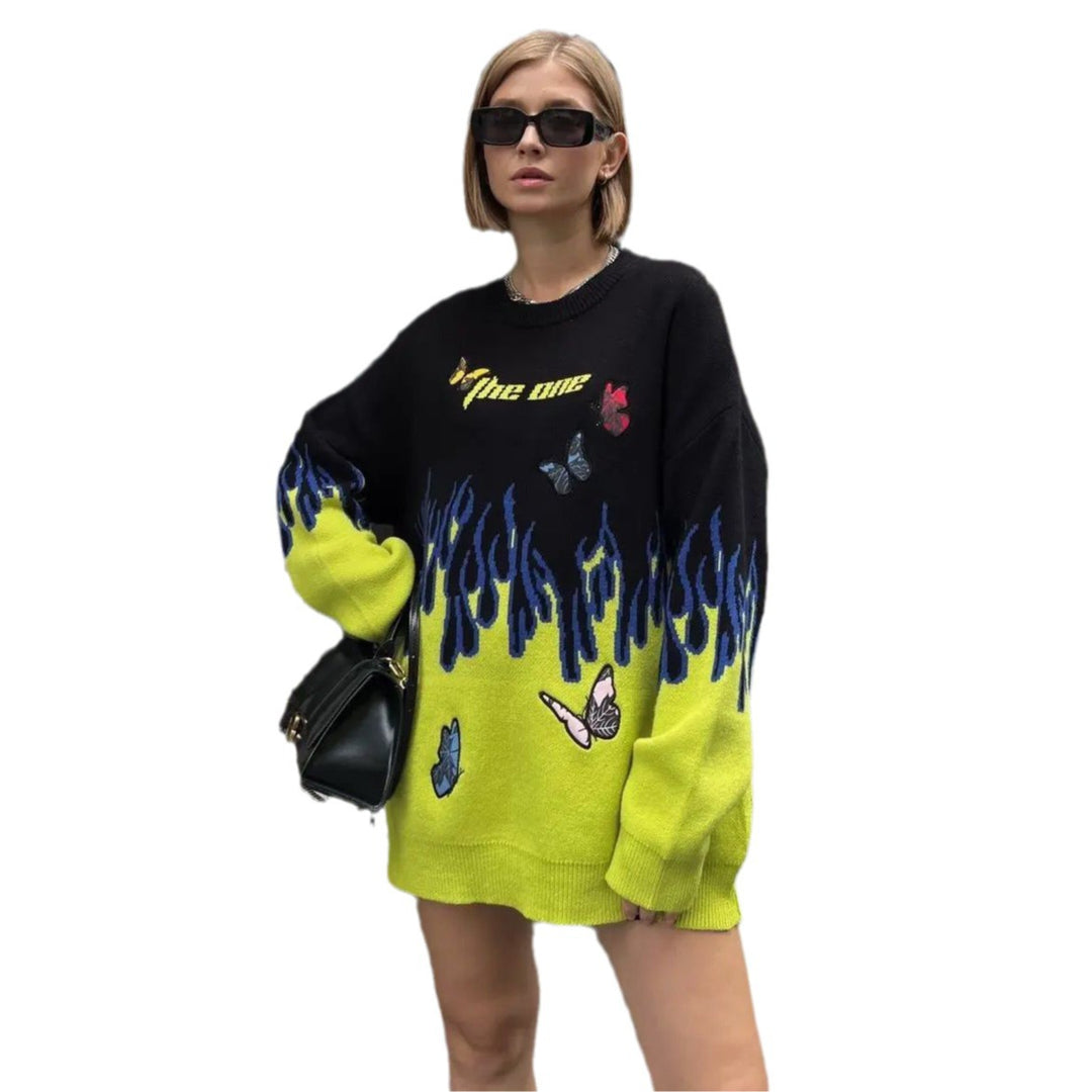 Damen Grobstrickpullover mit einzigartigem Flammen- und Schmetterlingsdesign Drune