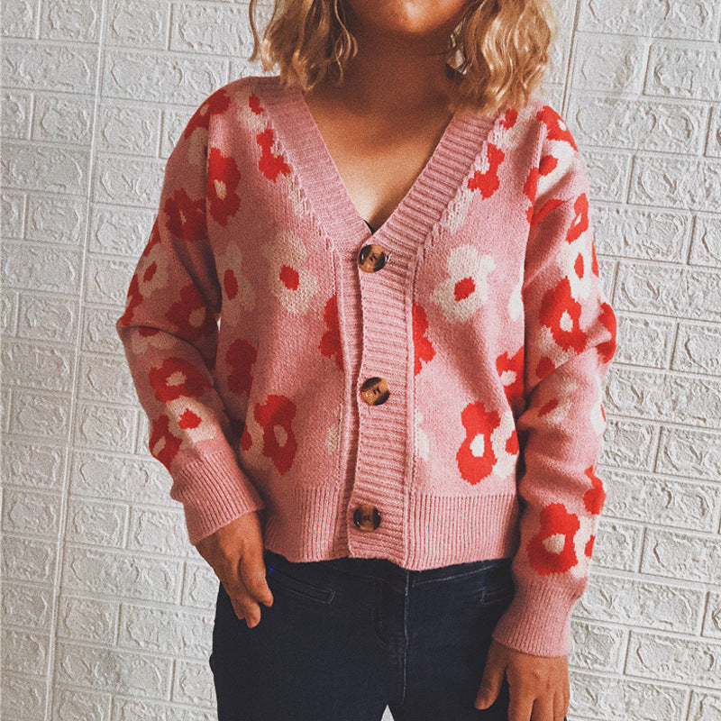 Damen Strickjacke mit floralen Mustern und dekorativen Knöpfen Drune