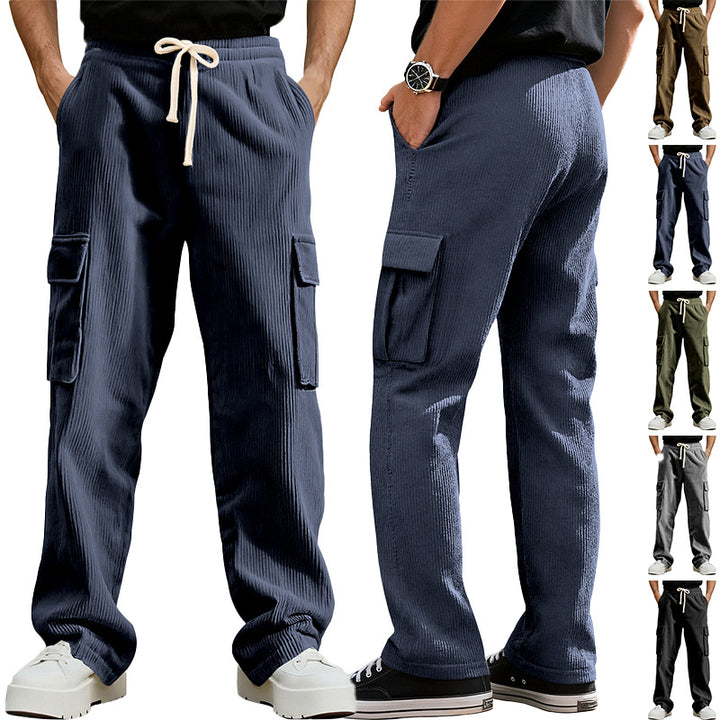 Herren nan lässige Cord-Cargohose mit elastischem Tunnelzugbund geradem Bein und aufgesetzten Klappentaschen Drune