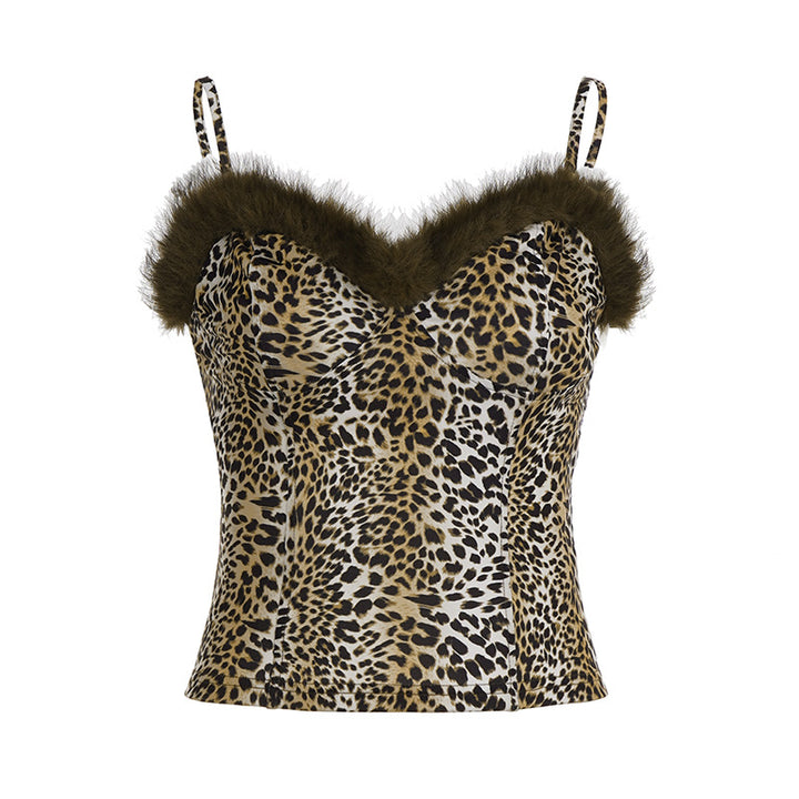 Damen Top mit Leopardenmuster und elegantem Fellbesatz Drune