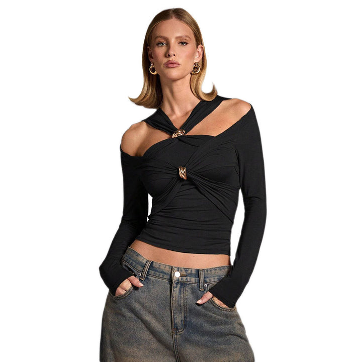 Damen figurbetontes Oberteil mit asymmetrischem Schnitt und Knoten-Detail Drune