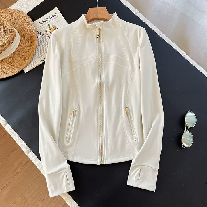 Damen elegante Sportjacke mit hohem Kragen und innovativem Reißverschluss Drune