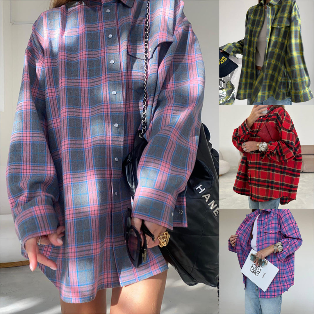 Damen lässige Karo-Hemdbluse aus Baumwolle mit großzügigem Schnitt Drune