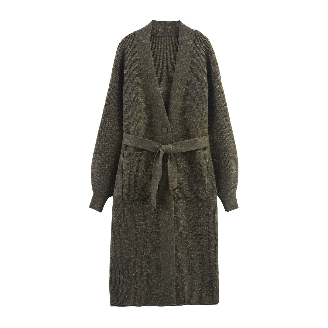Damen Lange Strickjacke mit Gürtel und Taschen Drune