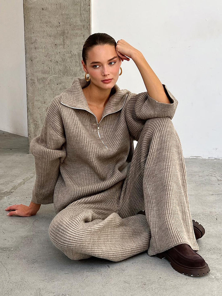 Damen Bequemes Strickensemble mit hohem Kragen und Zip-Detail Drune