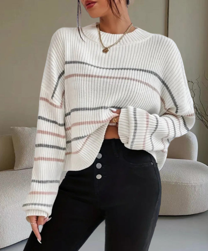 Damen Lässiger Strickpullover mit modischem Streifenmuster Drune