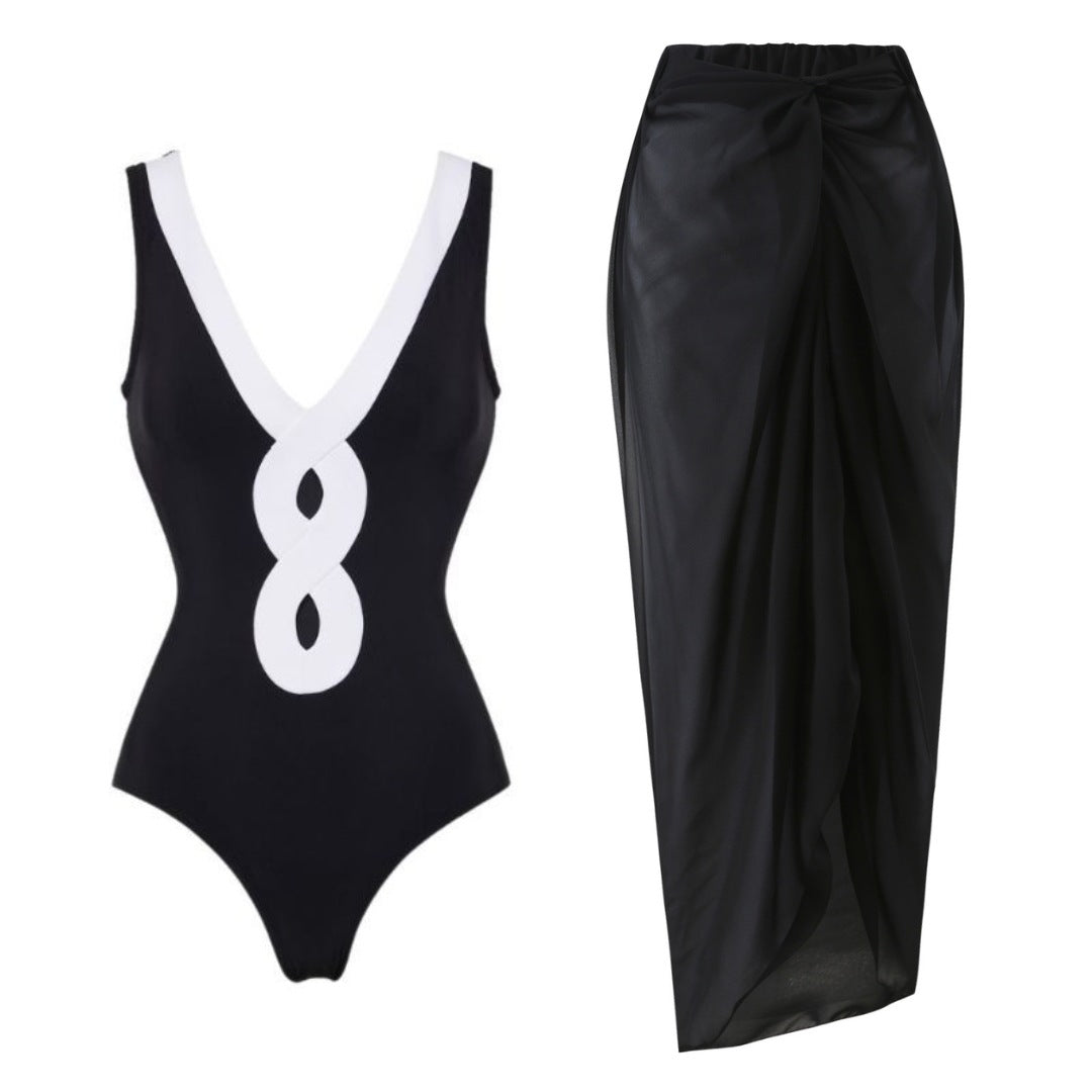 Damen eleganter V-Ausschnitt Schwimmanzug mit stilvollem Wickelrock Drune