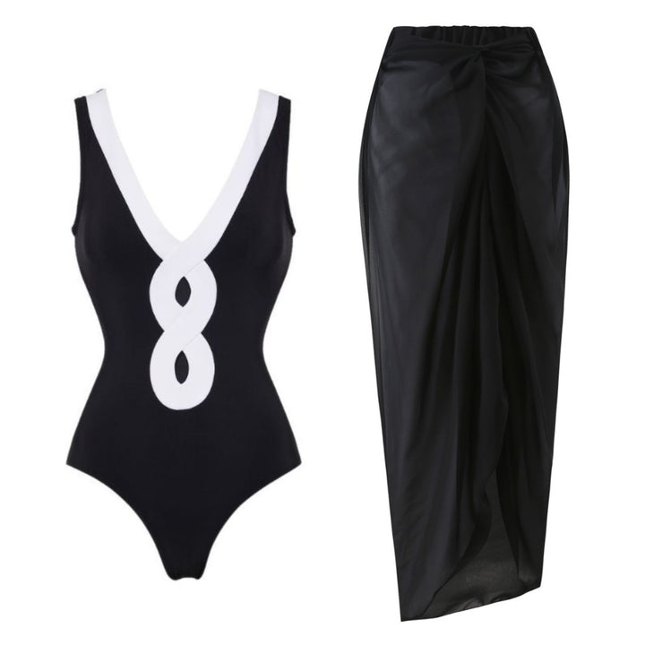 Damen eleganter V-Ausschnitt Schwimmanzug mit stilvollem Wickelrock Drune