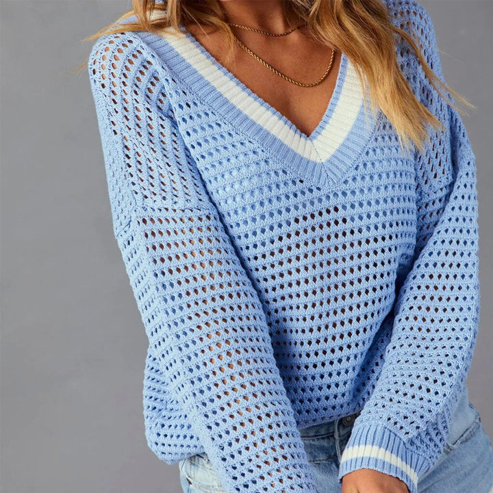 Damen Netzpullover im lässigen Oversized-Stil mit V-Ausschnitt und Rippenbündchen Drune
