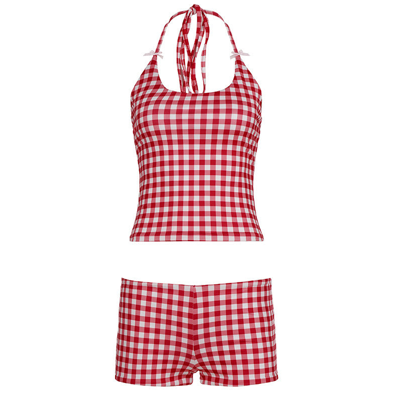 Damen Gingham Muster Badeanzug mit verstellbarem Halter Drune