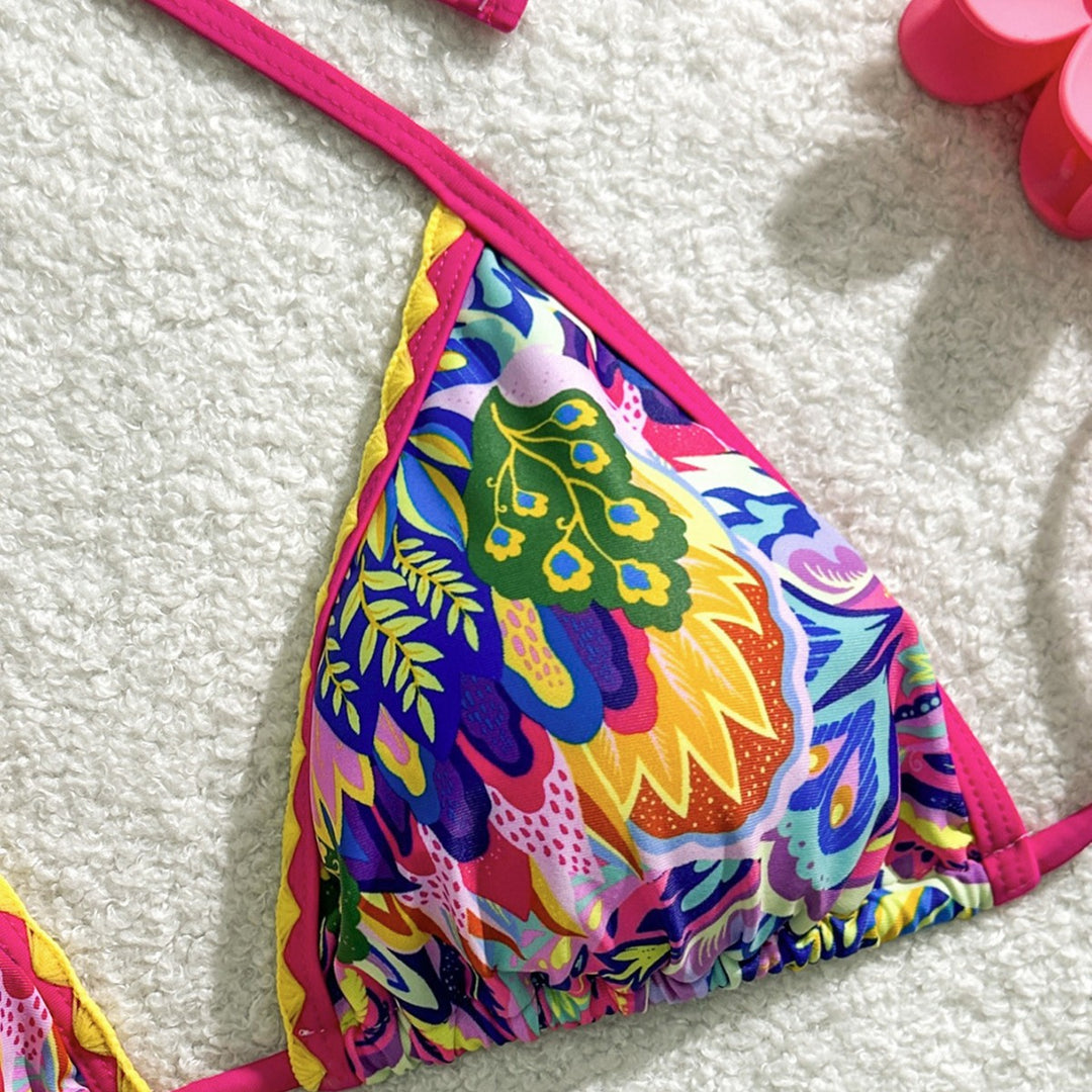 Damen Triangel-Bikini mit buntem Muster und verspielten Bindebändern Drune