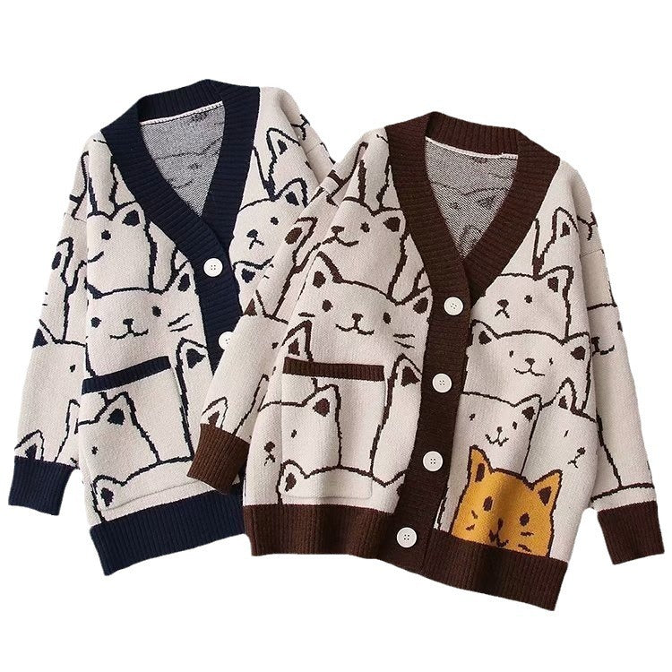 Damen Strickjacke mit Katzenmuster Drune