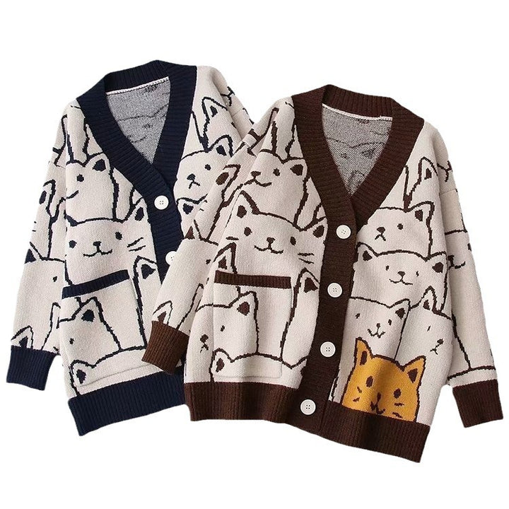 Damen Strickjacke mit Katzenmuster Drune
