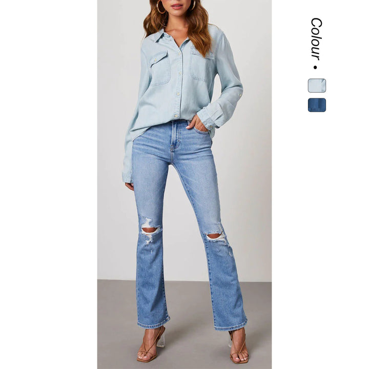 Damen Denim-Hemd mit umschlagbaren Ärmeln und zwei Brusttaschen Drune