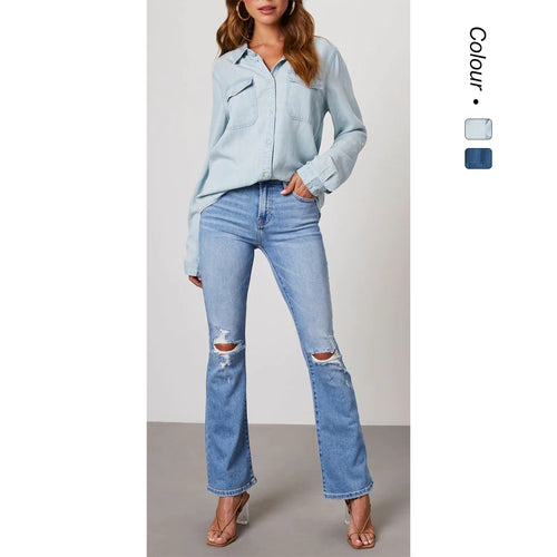 Damen Denim-Hemd mit umschlagbaren Ärmeln und zwei Brusttaschen Drune