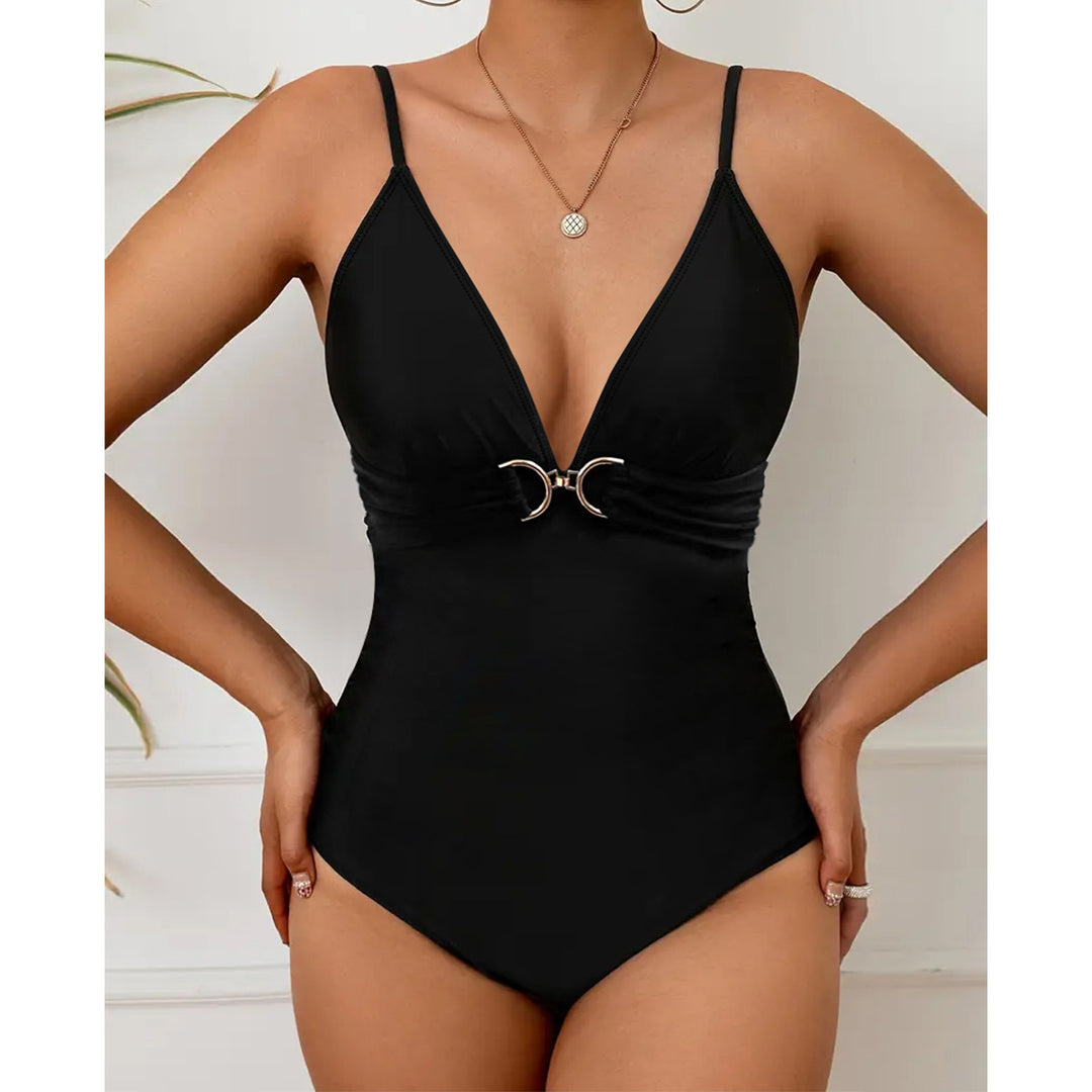 Damen Eleganter Einteiler Badeanzug mit V-Ausschnitt und Zierdetails Drune