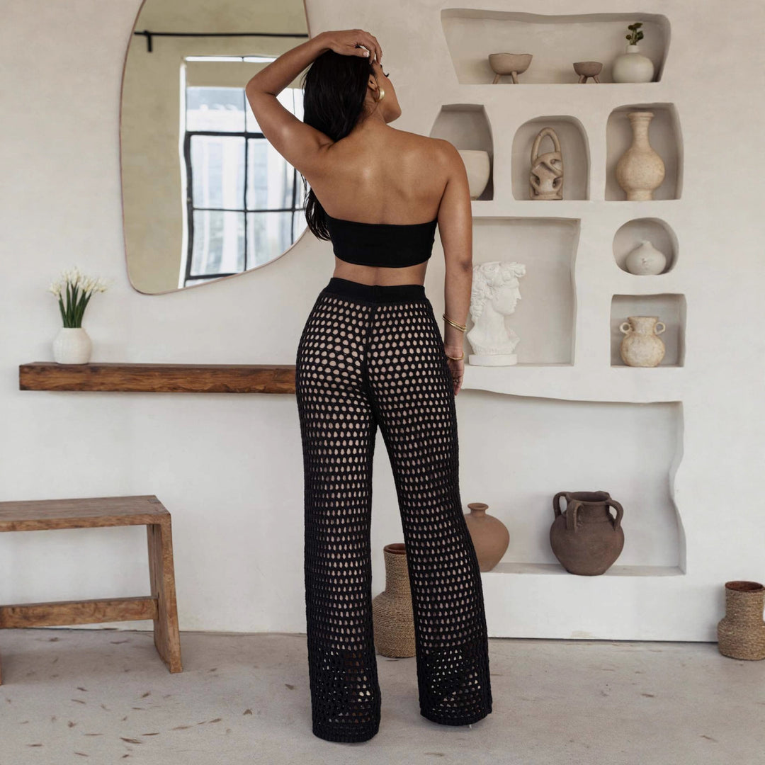 Damen Set aus gehäkeltem Oberteil und weitem Palazzo-Hosen Drune