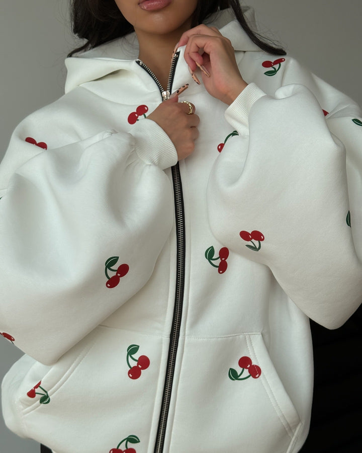 Damen Kapuzenjacke mit einzigartigem Kirschdesign und oversized Schnitt Drune
