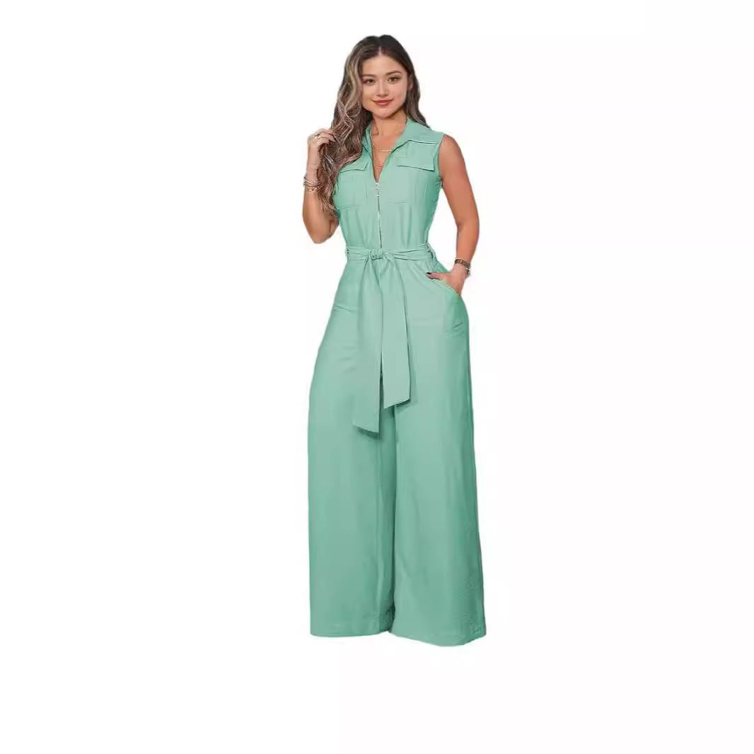 Damen Luftiger Jumpsuit mit Gürtel und Taschen Drune
