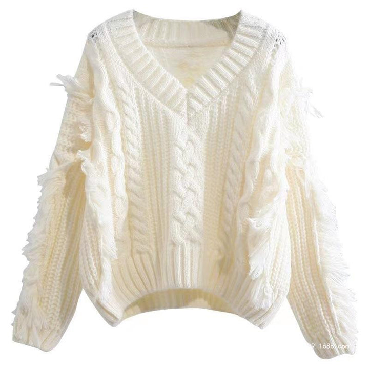 Damen Stylischer Strickpullover mit Fransen und Zopfmuster Drune