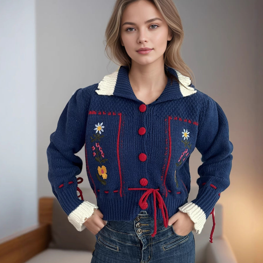 Damen Strickjacke mit Blumenstickerei und modernem Kordelzug Drune