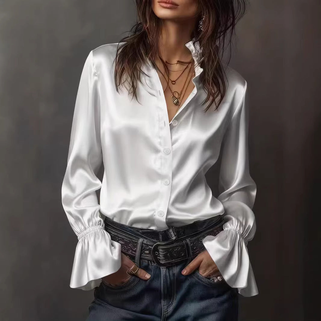 Damen Elegante Seidenbluse mit Raffungen an den Ärmeln Drune