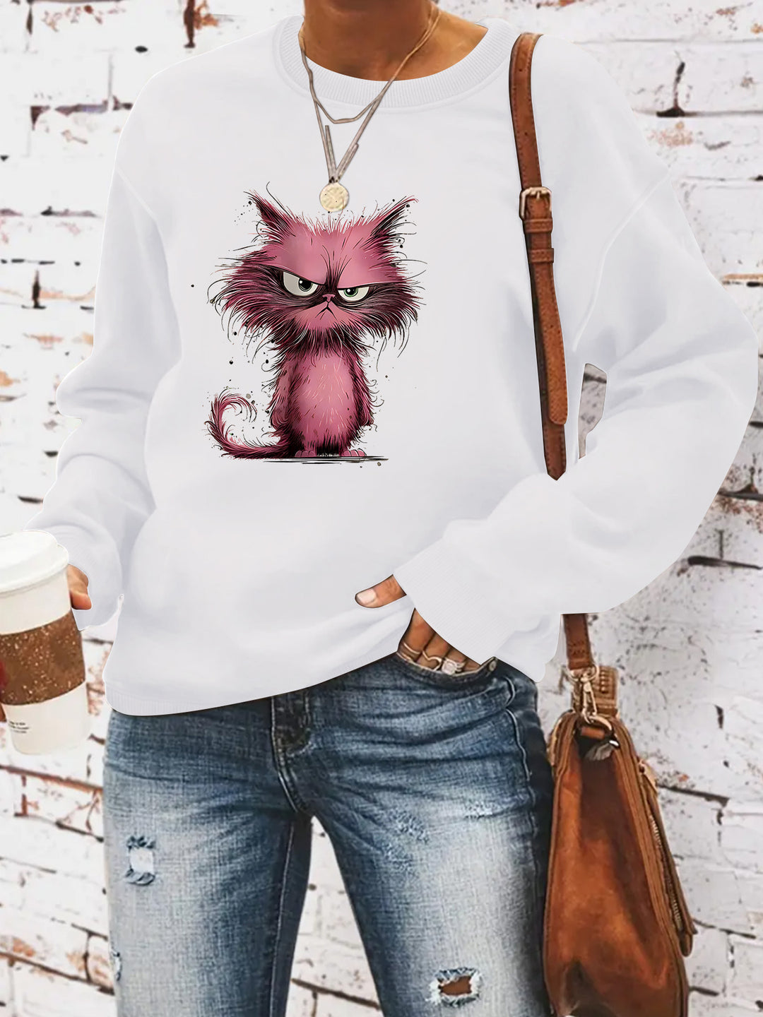 Damen Sweatshirt mit kreativem Katzenmotiv Drune
