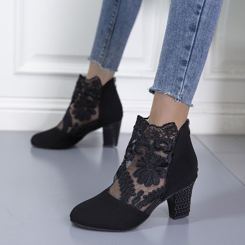 Damen Elegante Schnürstiefeletten mit floraler Spitze und trendigem Blockabsatz Drune