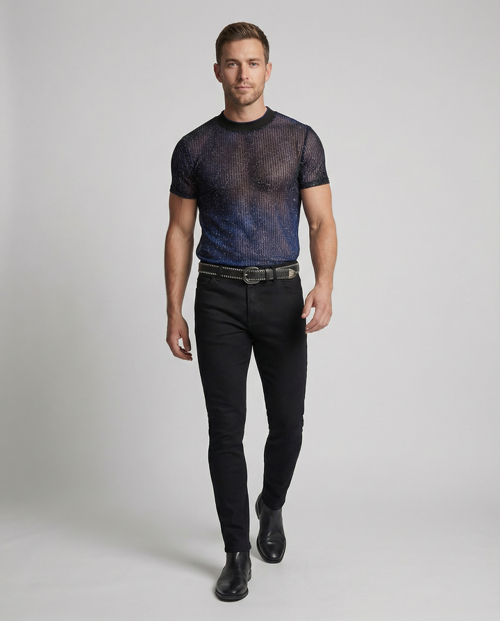 Herren Hochwertiges Mesh-T-Shirt mit glitzerndem Effekt Drune