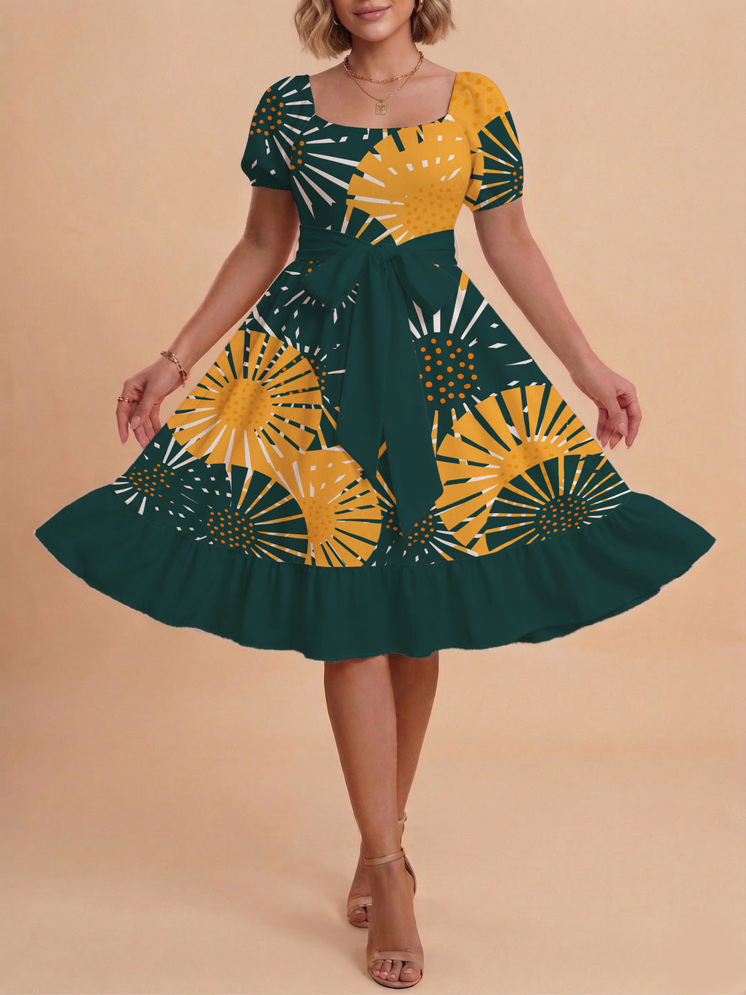 Damen elegantes Maxikleid mit floralem Design und Taillengürtel Drune
