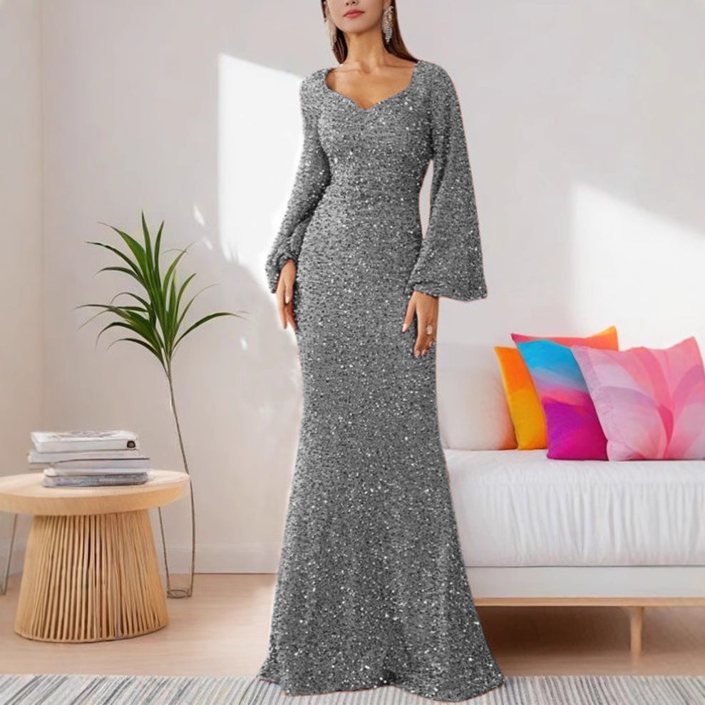 Damen Glamouröses Glitzer-Abendkleid mit schwingendem Rock und voluminösen Ärmeln Drune