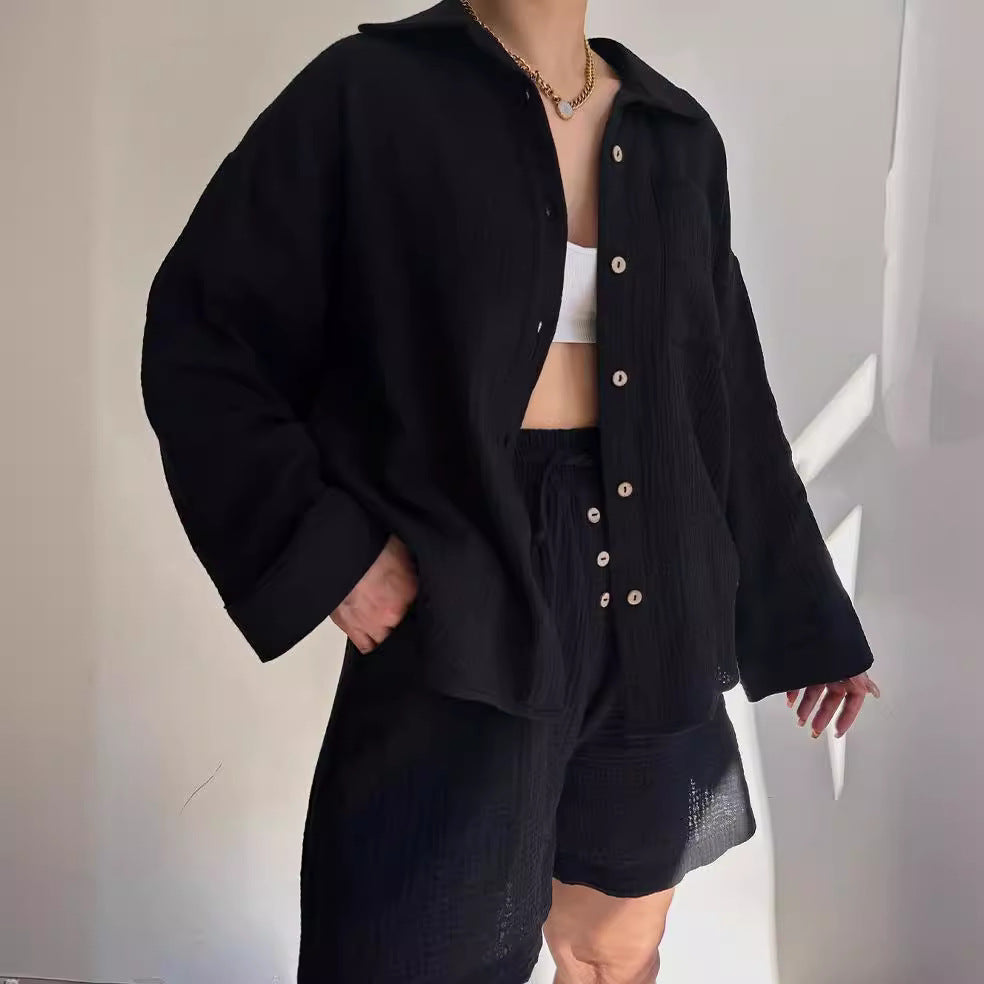 Damen lässige Overshirtjacke aus leichtem Material mit Holzknöpfen Drune