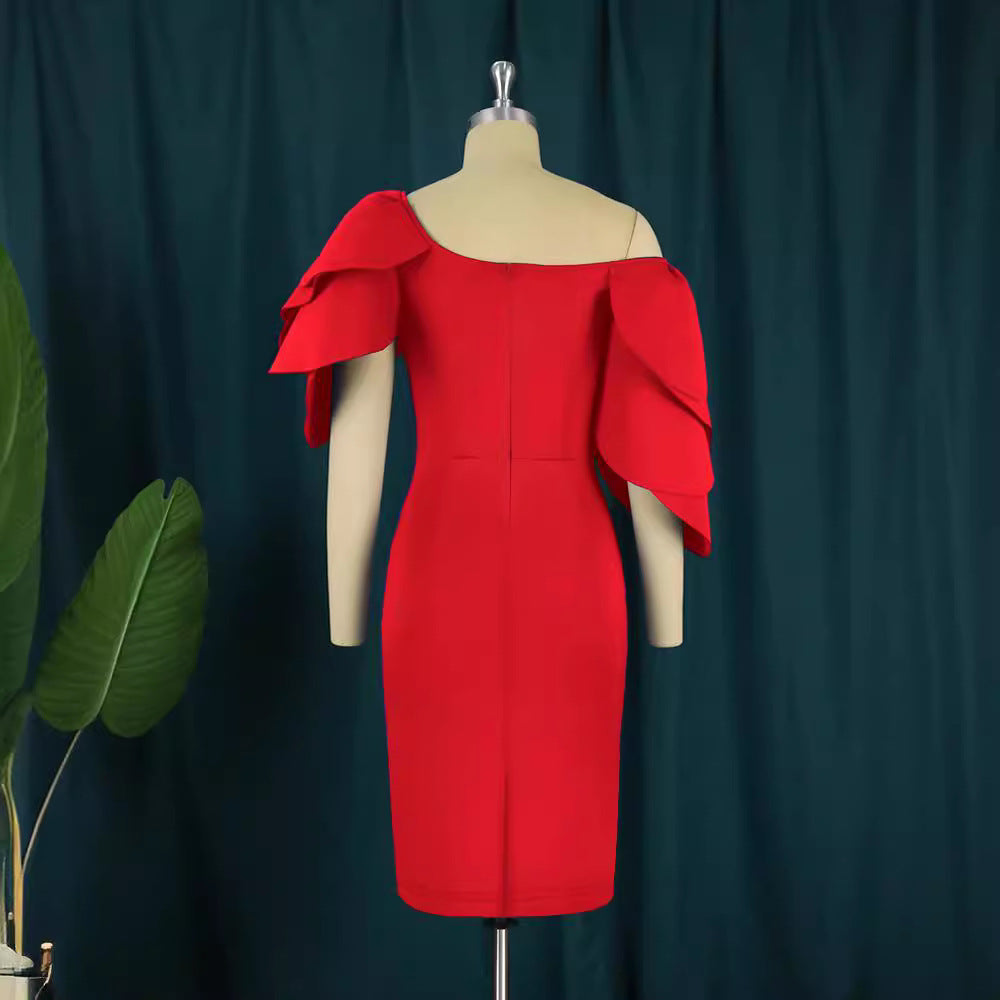 Damen figurbetontes Kleid mit asymmetrischen Rüschen Drune
