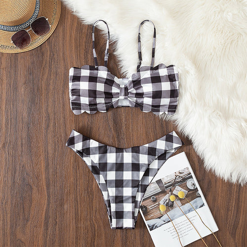 Damen Triangel-Bikini mit elegantem Rüschendesign und verspieltem Karomuster Drune