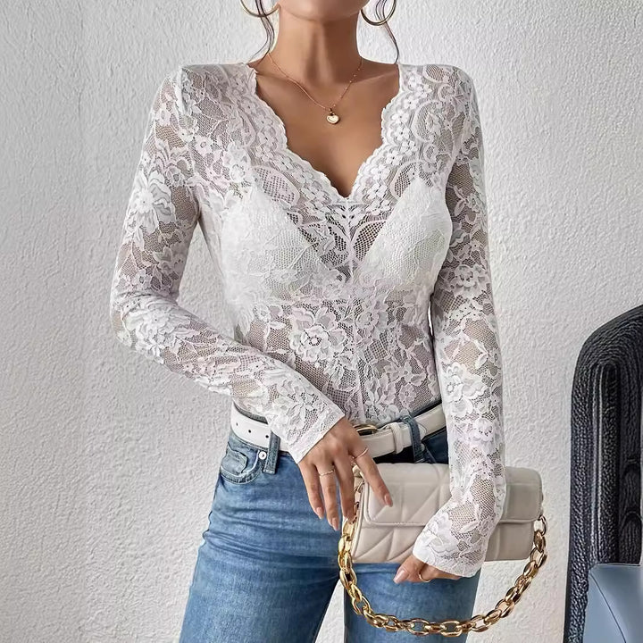 Damen Elegante Spitzenbluse mit V-Ausschnitt und langen Ärmeln Drune