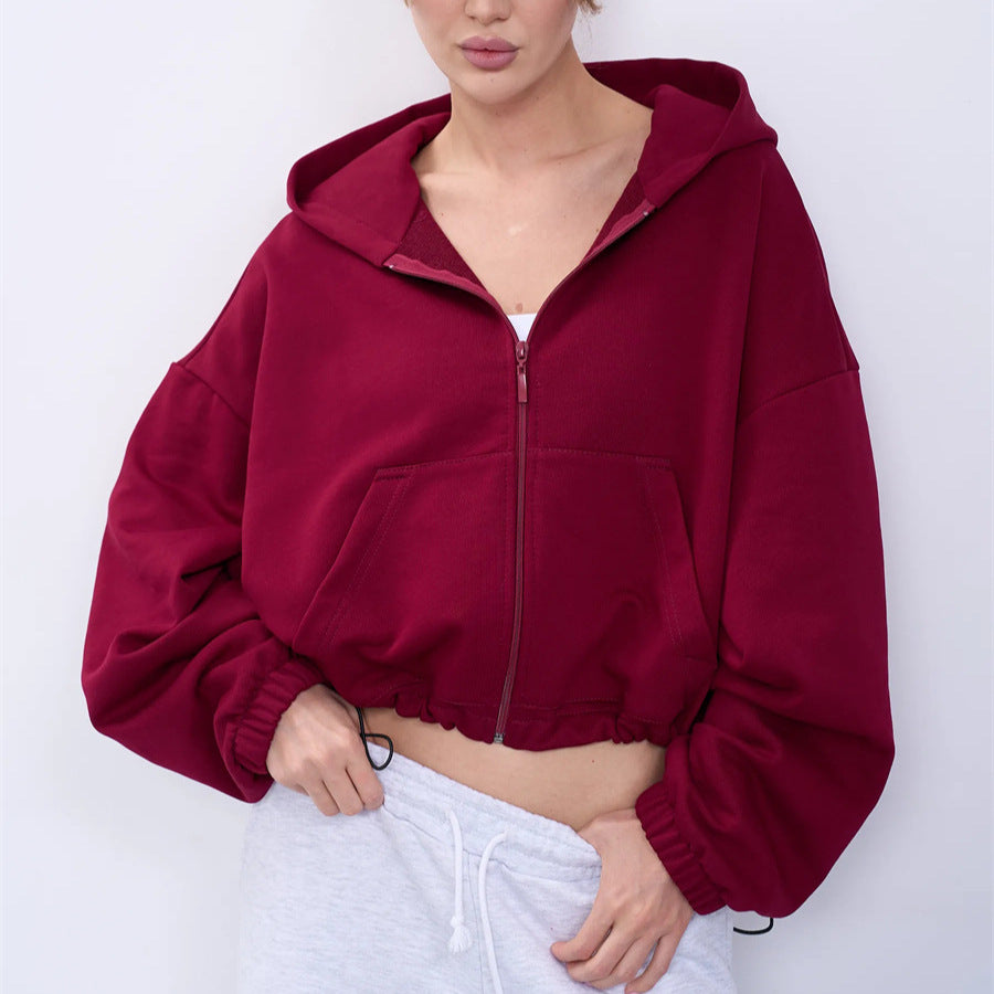 Damen Cropped Kapuzenjacke mit Reißverschluss und übergroßen Ärmeln Drune