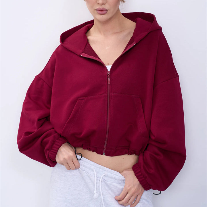 Damen Cropped Kapuzenjacke mit Reißverschluss und übergroßen Ärmeln Drune