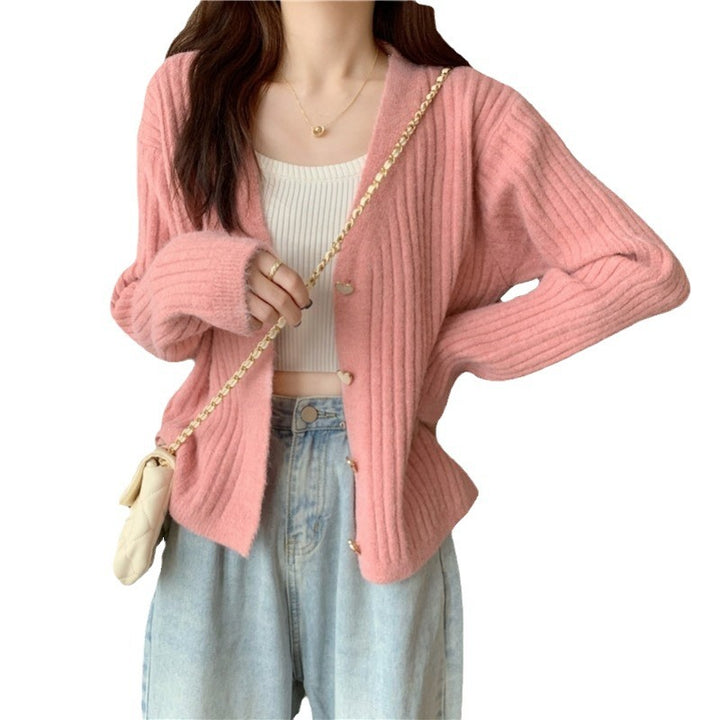 Damen Rippenstrick Cardigan mit herzförmigen Knöpfen Drune