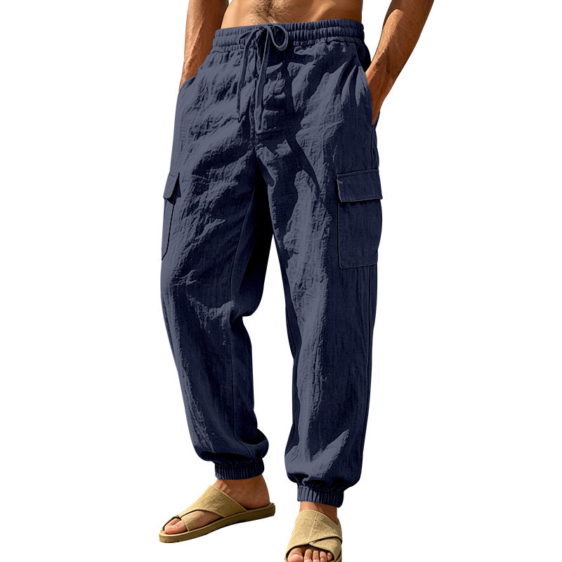 Herren nan leichte Cargo-Joggerhose aus Leinenmischung mit elastischem Tunnelzugbund, aufgesetzten Klappentaschen und gerippten Beinabschlüssen Drune