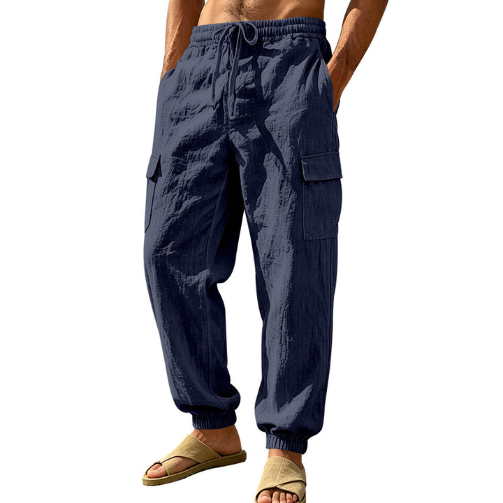 Herren nan leichte Cargo-Joggerhose aus Leinenmischung mit elastischem Tunnelzugbund, aufgesetzten Klappentaschen und gerippten Beinabschlüssen Drune