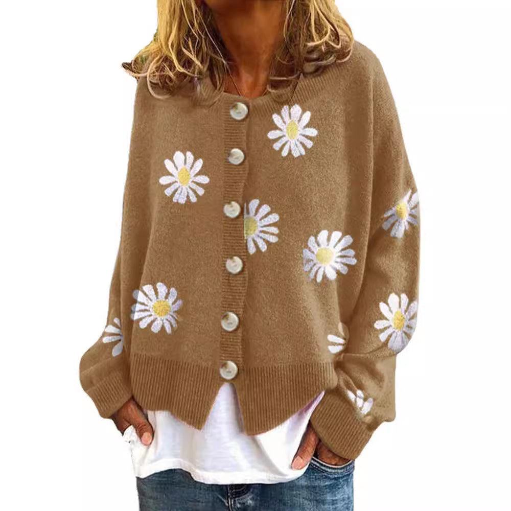 Damen Casual Strickjacke mit Blumendruck und Knopfdetails Drune