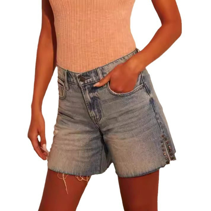 Damen modische Destroyed Denim-Shorts mit Nietenverzierung Drune