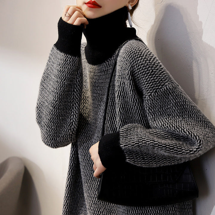 Damen Grobstrickpullover mit hohem Kragen und modernem Muster Drune