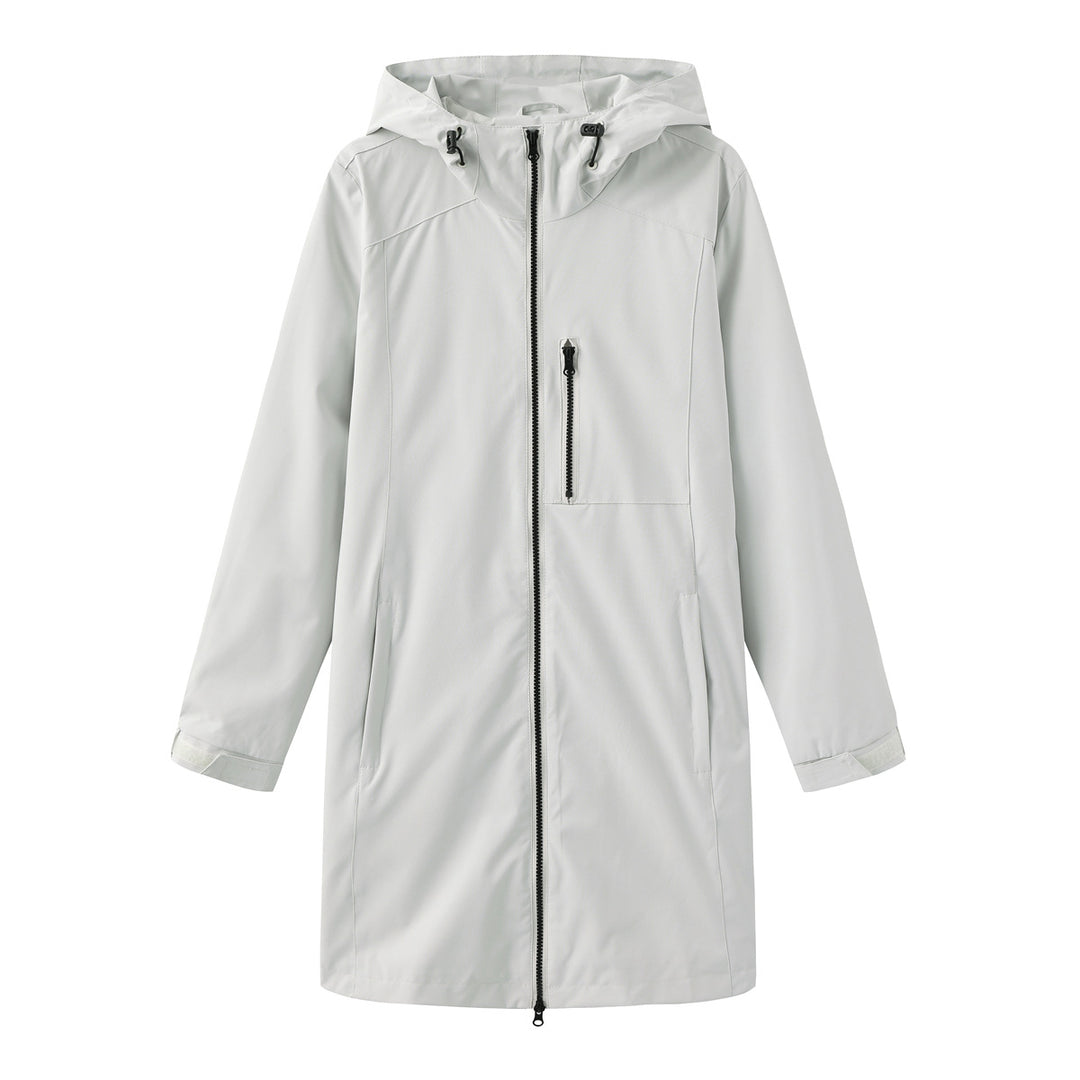 Damen nan lange schlanke Funktionsregenjacke mit durchgehendem Reißverschluss Brustreißverschlusstasche und Klettmanschetten Drune