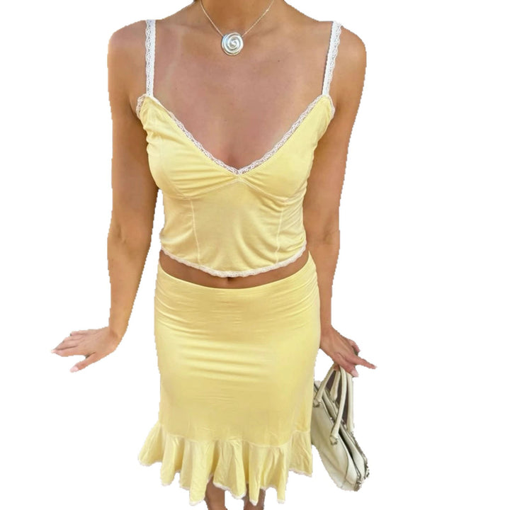 Damen Crop-Top und Midirock Set mit Rüschensaum Drune